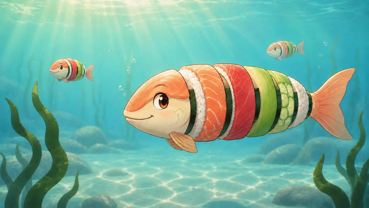 A cheerful fish whose body is made of sushi slices — salmon, tuna, avocado and cucumber rolls — swimming through sunlit blue water with two smaller sushi fish and green seaweed.